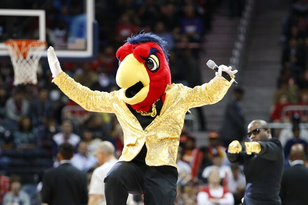 Atlanta Hawks mascot Harry the Hawk performs in the first half of an NBA basketball game against the Detroit Pistons Monday, Jan. 19, 2015, in Atlanta. (AP Photo/David Tulis)