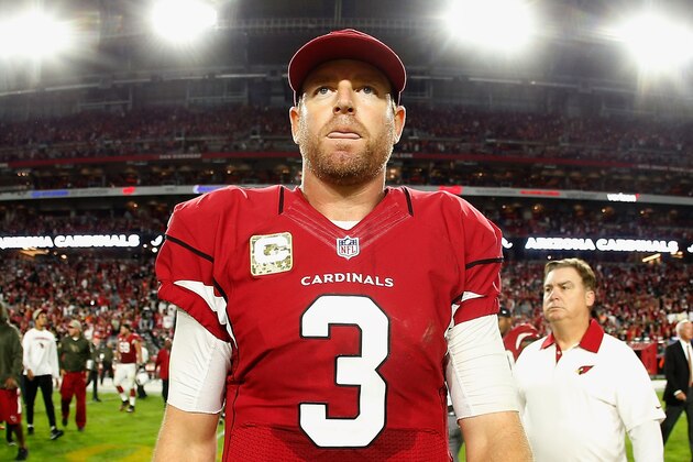 GLENDALE, AZ - NOVEMBER 22:  Quarterback Carson Palmer #3 of the Arizona Cardinals walks out onto the field following the NFL game against the Cincinnati Bengals at the University of Phoenix Stadium on November 22, 2015 in Glendale, Arizona.  The Cardinals defeated the Bengals 34-31.   (Photo by Christian Petersen/Getty Images)