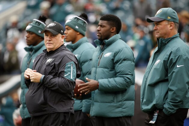 Philadelphia Eagles head coach Chip Kelly watches warms up before an NFL football game against the Tampa Bay Buccaneers, Sunday, Nov. 22, 2015, in Philadelphia. (AP Photo/Julio Cortez) Philadelphia Eagles head coach Chip Kelly watches warms up before an NFL football game against the Tampa Bay Buccaneers, Sunday, Nov. 22, 2015, in Philadelphia. (AP Photo/Julio Cortez)