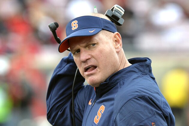 Syracuse head coach Scott Shafer looks back at his bench following a penalty call against his team during the second half of an NCAA college football game against Louisville, Saturday, Nov. 7, 2015, in Louisville, Ky. Louisville won 41-17. (AP Photo/Timothy D. Easley)