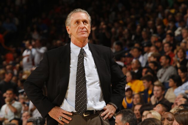 OAKLAND, CA - DECEMBER 07: Head Coach Pat Riley of the Miami Heat looks up at the scoreboard during the game against the Golden State Warriors on December 07, 2007 at Oracle Arena in Oakland, California. NOTE TO USER: User expressly acknowledges and agrees that, by downloading and or using this photograph, user is consenting to the terms and conditions of Getty Images License Agreement. Mandatory Copyright Notice: Copyright 2007 NBAE (Photo by Rocky Widner/NBAE via Getty Images)