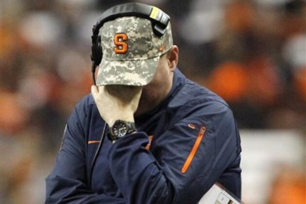 FILE - In this Nov. 14, 2015, file photo, Syracuse head coach Scott Shafer reacts during a timeout in the fourth quarter of an NCAA college football game against Clemson, in Syracuse, N.Y. Syracuse has fired football coach Scott Shafer two days after the team's eighth straight loss. Athletic director Mark Coyle announced the dismissal Monday, Nov. 23, 2015,  and said a national search will begin immediately. Shafer will coach the season finale against Boston College on Saturday. (AP Photo/Nick Lisi, File)