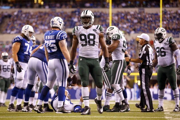 New York Jets outside linebacker Quinton Coples (98) after sacking Indianapolis Colts quarterback Andrew Luck (12) during an NFL football game in Indianapolis, Monday, Sept. 21, 2015. (Jeff Haynes/AP Images for Panini)