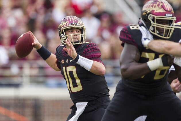 Florida State quarterback Sean Maguire throws in the first half of an NCAA college football game against Chattanooga in Tallahassee, Fla., Saturday, Nov. 21, 2015.  (AP Photo/Mark Wallheiser)