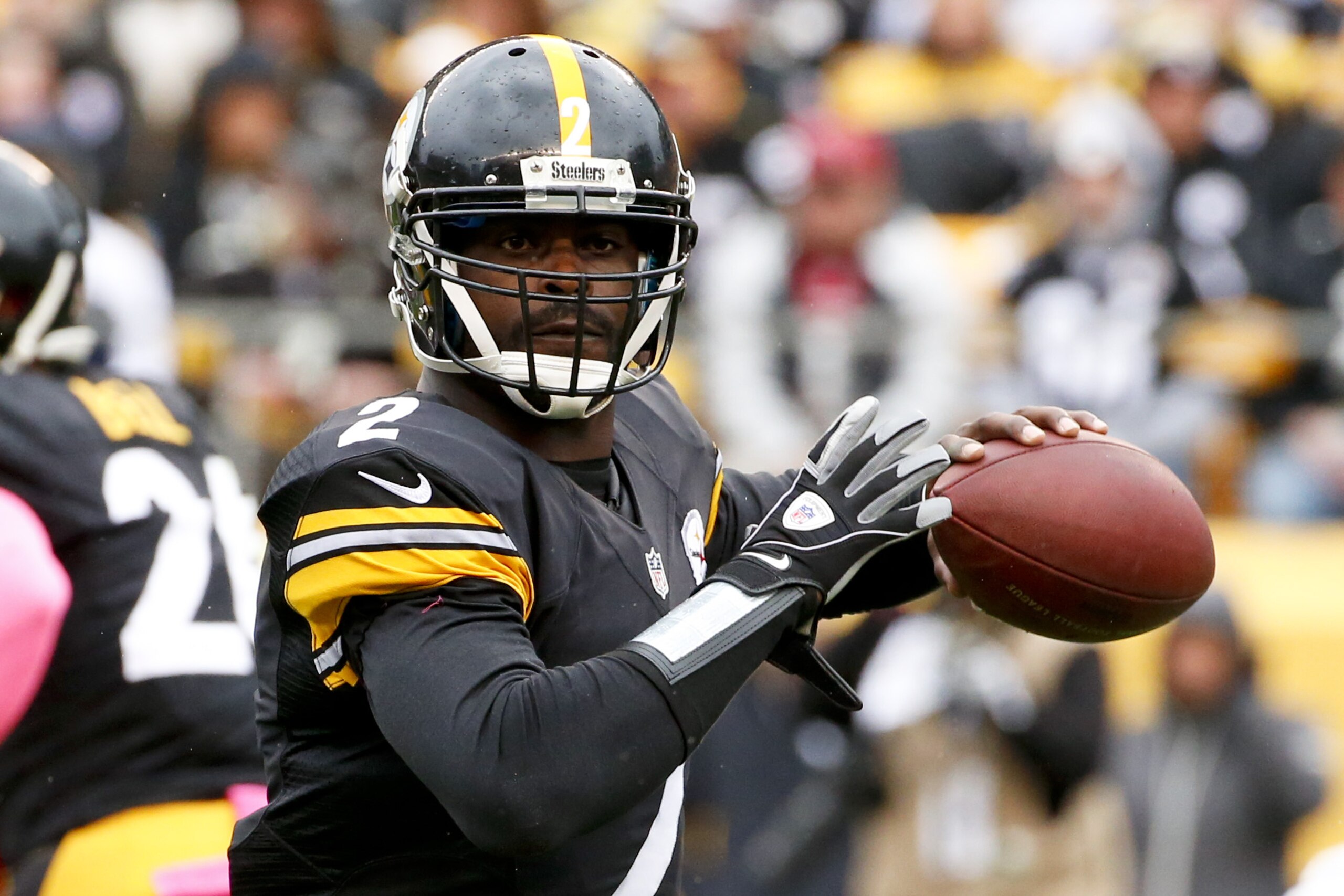 Pittsburgh Steelers quarterback Mike Vick (2) passes against the Arizona Cardinals in the first quarter an NFL football game against the Arizona Cardinals, Sunday, Oct. 18, 2015 in Pittsburgh. (AP Photo/Gene J. Puskar)