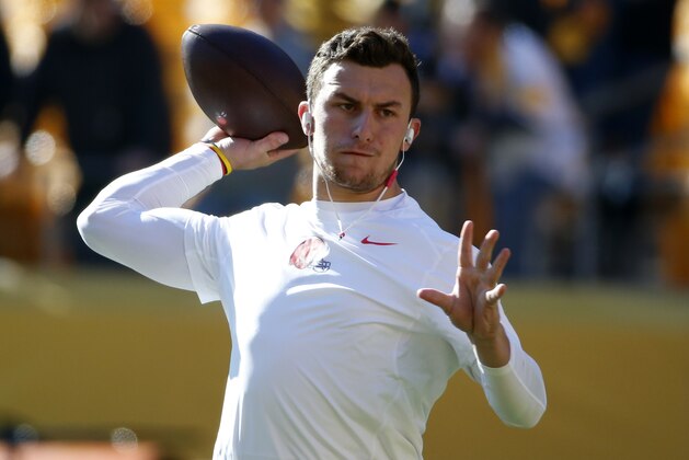 Cleveland Browns quarterback Johnny Manziel (2) warms up before an NFL football game against the Pittsburgh Steelers, Sunday, Nov. 15, 2015, in Pittsburgh. (AP Photo/Gene J. Puskar)