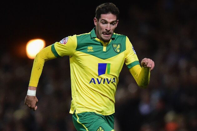 NORWICH, ENGLAND - OCTOBER 21:  Kyle Lafferty of Norwich City in action during the Sky Bet Championship match between Norwich City and Leeds United at Carrow Road on October 21, 2014 in Norwich, England.  (Photo by Jamie McDonald/Getty Images)