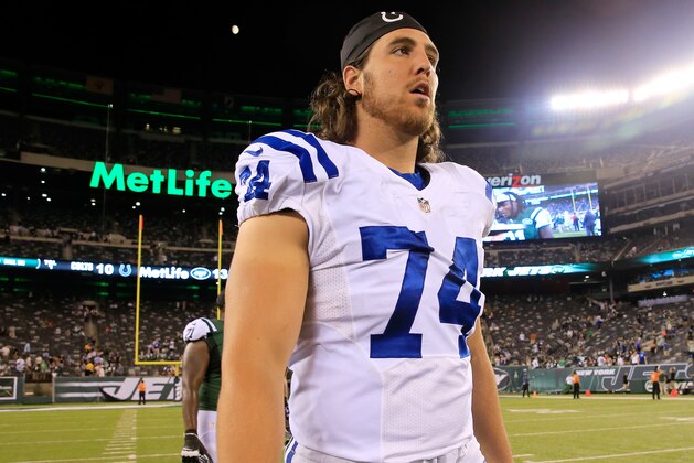 EAST RUTHERFORD, NJ - AUGUST 07:  Tackle Anthony Castonzo #74 of the Indianapolis Colts looks on against the New York Jets during a preseason game at MetLife Stadium on August 7, 2014 in East Rutherford, New Jersey.  (Photo by Alex Trautwig/Getty Images)