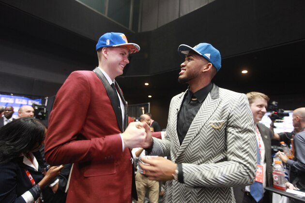 BROOKLYN, NY - JUNE 25:  Kristaps Porzingis, the fourth pick overall in the NBA Draft by the New York Knicks, and Karl-Anthony Towns, the first pick overall in the NBA Draft by the Minnesota Tomberwolves, congratulate each other during the 2015 NBA Draft at the Barclays Center on June 25, 2015 in the Brooklyn borough of New York City. NOTE TO USER: User expressly acknowledges and agrees that, by downloading and/or using this photograph, user is consenting to the terms and conditions of the Getty Images License Agreement.  Mandatory Copyright Notice: Copyright 2015 NBAE (Photo by Doug Kanter/NBAE via Getty Images)