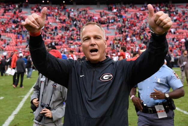 Nov 7, 2015; Athens, GA, USA; Georgia Bulldogs head coach Mark Richt reacts to the fans and students after defeating the Kentucky Wildcats at Sanford Stadium. Georgia defeated Kentucky 27-3. Mandatory Credit: Dale Zanine-USA TODAY Sports