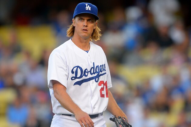 Aug 11, 2015; Los Angeles, CA, USA; Los Angeles Dodgers starting pitcher Zack Greinke (21) in the first inning of the game against the Washington Nationals at Dodger Stadium. Mandatory Credit: Jayne Kamin-Oncea-USA TODAY Sports