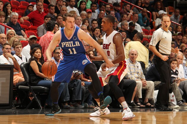 MIAMI, FL - NOVEMBER 21:  Nik Stauskas #11 of the Philadelphia 76ers handles the ball against Josh Richardson #0 of the Miami Heat on November 21, 2015 at AmericanAirlines Arena in Miami, Florida. NOTE TO USER: User expressly acknowledges and agrees that, by downloading and or using this Photograph, user is consenting to the terms and conditions of the Getty Images License Agreement. Mandatory Copyright Notice: Copyright 2015 NBAE (Photo by Issac Baldizon/NBAE via Getty Images)