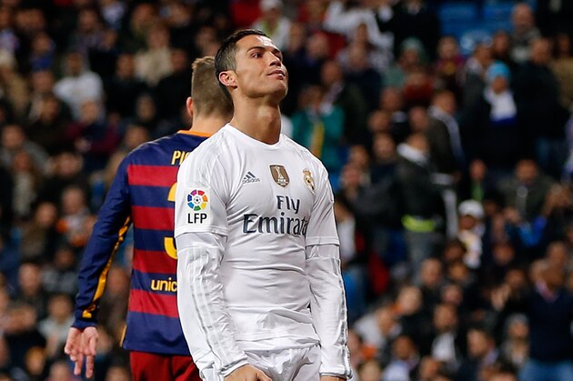 Real Madrid's Cristiano Ronaldo reacts after a missed chance to score during the first clasico of the season between Real Madrid and Barcelona at the Santiago Bernabeu stadium in Madrid, Spain, Saturday, Nov. 21, 2015. Barcelona won 4-0. (AP Photo/Daniel Ochoa de Olza)