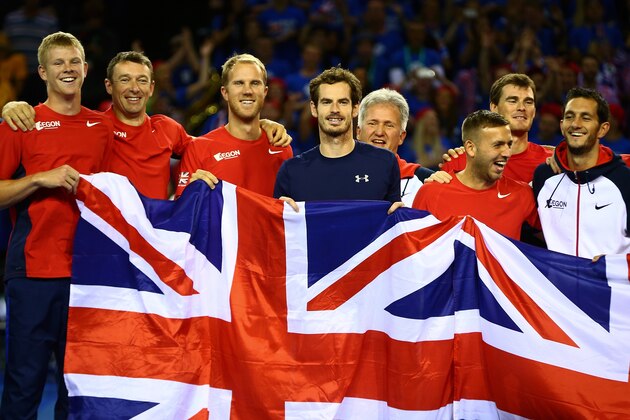 GLASGOW, SCOTLAND - SEPTEMBER 20:  Andy Murray of Great Britain celebrates victory in his match against Bernard Tomic of Australia with his team-mates during Day Three of the Davis Semi-Final match between Great Britain and Australia at Emirates Arena on September 20, 2015 in Glasgow, Scotland.  (Photo by Jordan Mansfield/Getty Images for LTA)