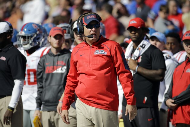 Mississippi head coach Hugh Freeze watches from the sideline in the second half of an NCAA college football game against Memphis Saturday, Oct. 17, 2015, in Memphis, Tenn. Memphis upset Mississippi 37-24. (AP Photo/Mark Humphrey)