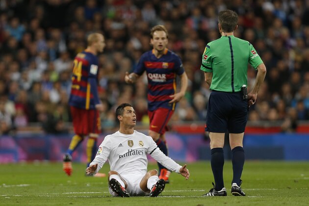 Real Madrid's Cristiano Ronaldo reacts during the first clasico of the season between Real Madrid and Barcelona at the Santiago Bernabeu stadium in Madrid, Spain, Saturday, Nov. 21, 2015. Barcelona won 4-0. (AP Photo/Daniel Ochoa de Olza)