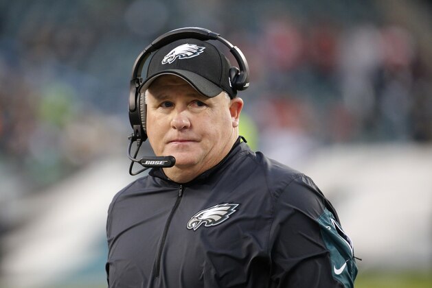 Philadelphia Eagles head coach Chip Kelly walks the sidelines during the second half of an NFL football game against the Tampa Bay Buccaneers, Sunday, Nov. 22, 2015, in Philadelphia. (AP Photo/Julio Cortez)