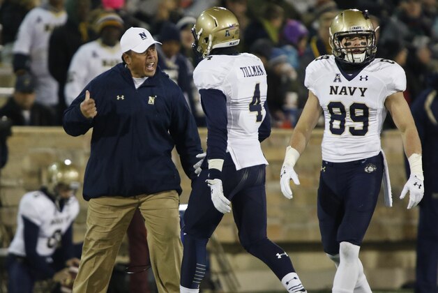 Navy Head Coach Ken Niumatalolo yells at Navy wide receiver Jamir Tillman (4) after an un-sportsman like conduct call in the second half of an NCAA college football game against Tulsa in Tulsa, Okla., Saturday, Nov. 21, 2015. Navy defeated Tulsa 44-21.  (AP Photo/Brett Deering)