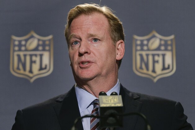 NFL Commissioner Roger Goodell speaks during a news conference at the conclusion of the league's fall meetings, Wednesday, Oct. 7, 2015, in New York. Goodell said that he expects NFL owners will vote on franchise relocation to Los Angeles. (AP Photo/Julie Jacobson)