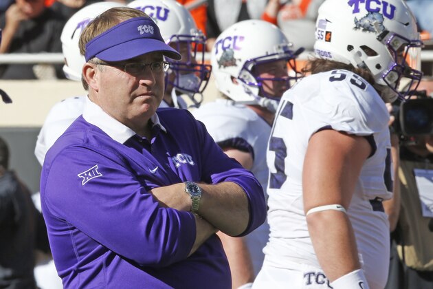 TCU head coach Gary Patterson is pictured before an NCAA college football game between TCU and Oklahoma State in Stillwater, Okla., Saturday, Nov. 7, 2015. Oklahoma State won 49-29. (AP Photo/Sue Ogrocki)