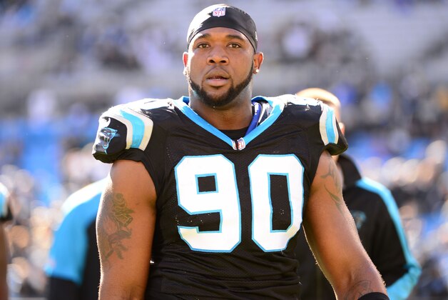 Jan 12, 2014; Charlotte, NC, USA; Carolina Panthers defensive end Frank Alexander (90) on the field prior to the 2013 NFC divisional playoff football game at Bank of America Stadium. Mandatory Credit: Bob Donnan-USA TODAY Sports