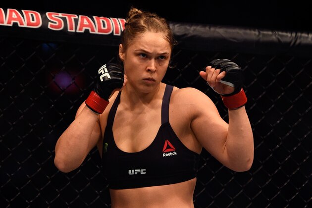 MELBOURNE, AUSTRALIA - NOVEMBER 15:  Ronda Rousey waits in her corner before facing Holly Holm in their women's bantamweight championship bout during the UFC 193 event at Etihad Stadium on November 15, 2015 in Melbourne, Australia. (Photo by Jeff Bottari/Zuffa LLC/Zuffa LLC via Getty Images)