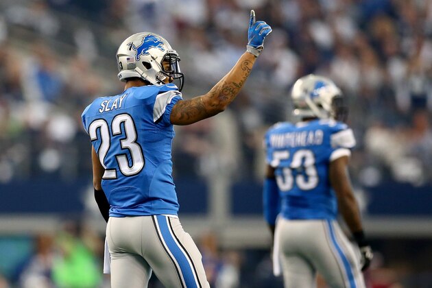 ARLINGTON, TX - JANUARY 04:  Cornerback Darius Slay #23 of the Detroit Lions reacts after breaking up a pass to wide receiver Terrance Williams #83 of the Dallas Cowboys in the first quarter during the NFC Wildcard Playoff Game at AT&T Stadium on January 4, 2015 in Arlington, Texas.  (Photo by Ronald Martinez/Getty Images)