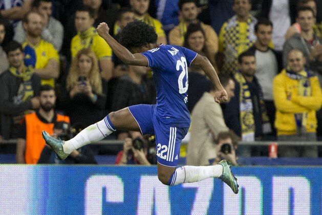 Chelsea’s Willian celebrates after scoring a goal against Maccabi Tel Aviv during group G Champions League soccer in Haifa, Israel, Tuesday, Nov. 24, 2015. (AP Photo/Ariel Schalit)