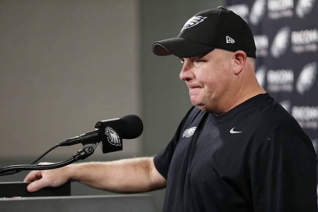 Philadelphia Eagles head coach Chip Kelly shows off his NFL style during a news conference after an NFL football game against the Tampa Bay Buccaneers, Sunday, Nov. 22, 2015, in Philadelphia. (AP Photo/Julio Cortez)