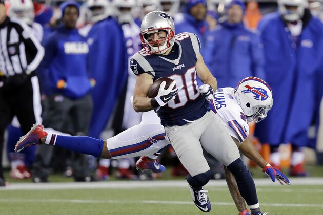 New England Patriots wide receiver Danny Amendola (80) runs from Buffalo Bills safety Duke Williams (27) after catching a pass in the second half of an NFL football game, Monday, Nov. 23, 2015, in Foxborough, Mass. (AP Photo/Charles Krupa)