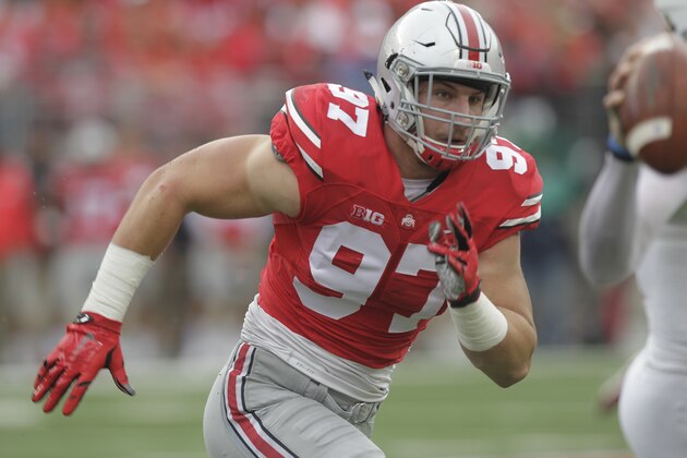 Ohio State defensive lineman Joey Bosa plays plays against Northern Illinois during an NCAA college football game Saturday, Sept. 19, 2015, in Columbus, Ohio. (AP Photo/Jay LaPrete)