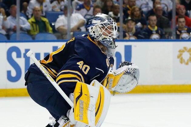 Oct 8, 2015; Buffalo, NY, USA; Buffalo Sabres goalie Robin Lehner (40) during the game against the Ottawa Senators at First Niagara Center. Mandatory Credit: Kevin Hoffman-USA TODAY Sports