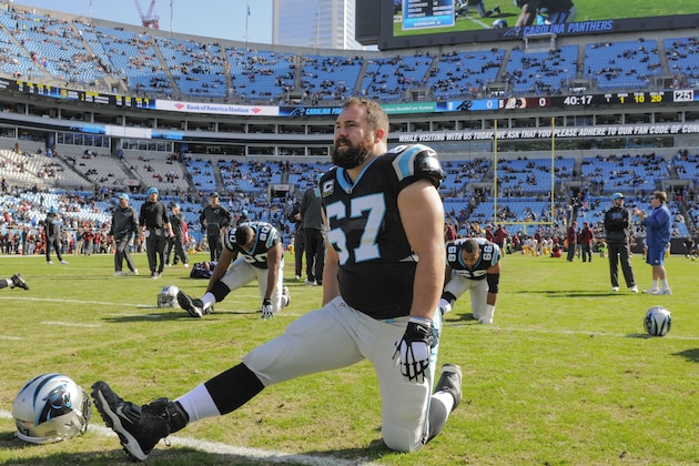 Carolina Panthers center Ryan Kalil (67) warms up prior to the start of a NFL football game against the Washington Redskins in Charlotte, NC, Sunday, Nov. 22, 2015. (AP Photo/Mike McCarn)