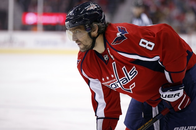 Washington Capitals left wing Alex Ovechkin (8), from Russia, stands ready in the first period of an NHL hockey game against the Edmonton Oilers, Monday, Nov. 23, 2015, in Washington. (AP Photo/Alex Brandon)