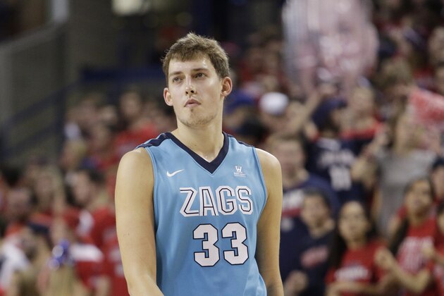 Gonzaga's Kyle Wiltjer (33) walks down the court during the second half of an NCAA college basketball game against Northern Arizona, Wednesday, Nov. 18, 2015, in Spokane, Wash. (AP Photo/Young Kwak)