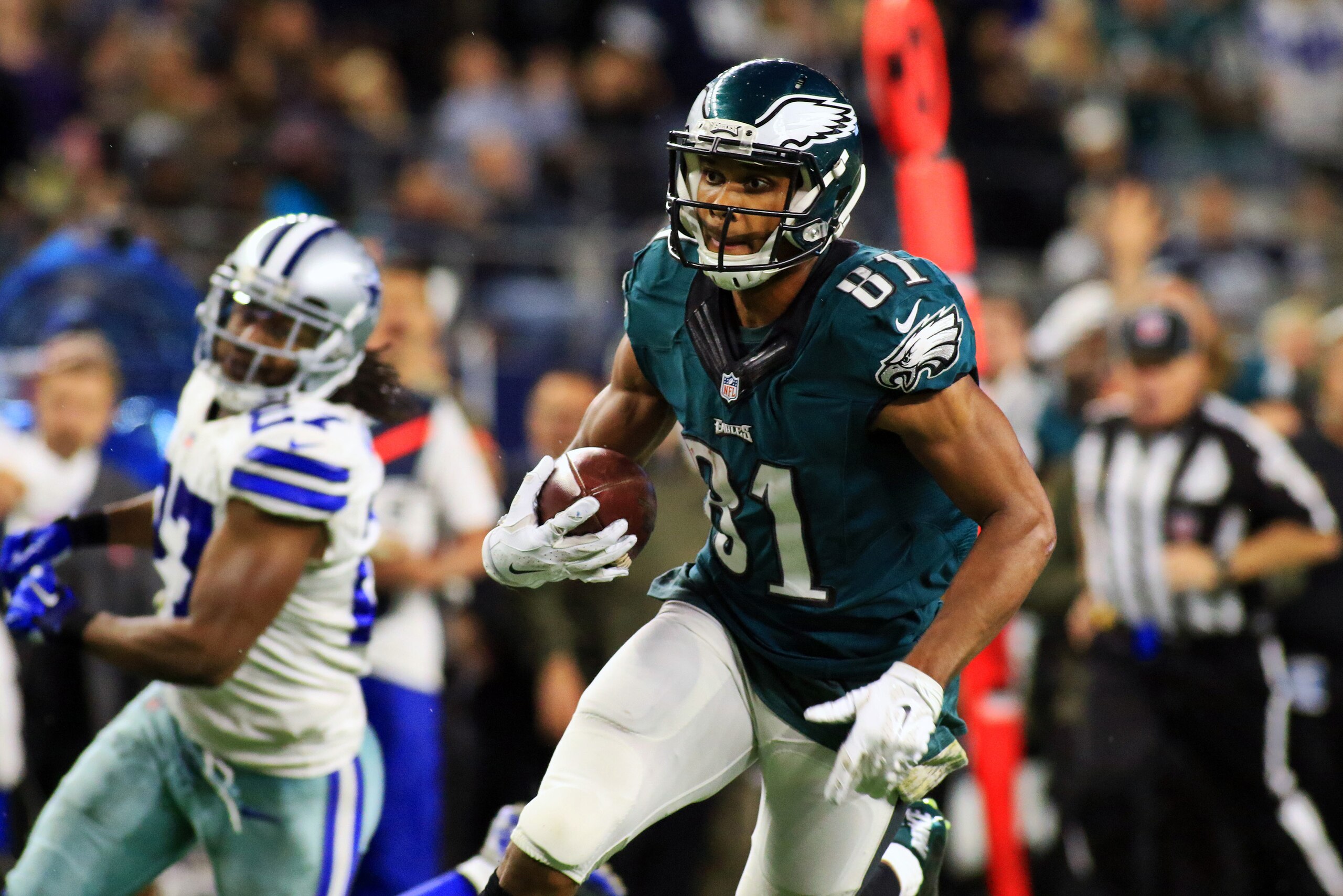 Nov 8, 2015; Arlington, TX, USA; Philadelphia Eagles wide receiver Jordan Matthews (81) goes in for the game winning touchdown during the overtime of a game against the Dallas Cowboys at AT&T Stadium. Eagles won 33-27. Mandatory Credit: Ray Carlin-USA TODAY Sports