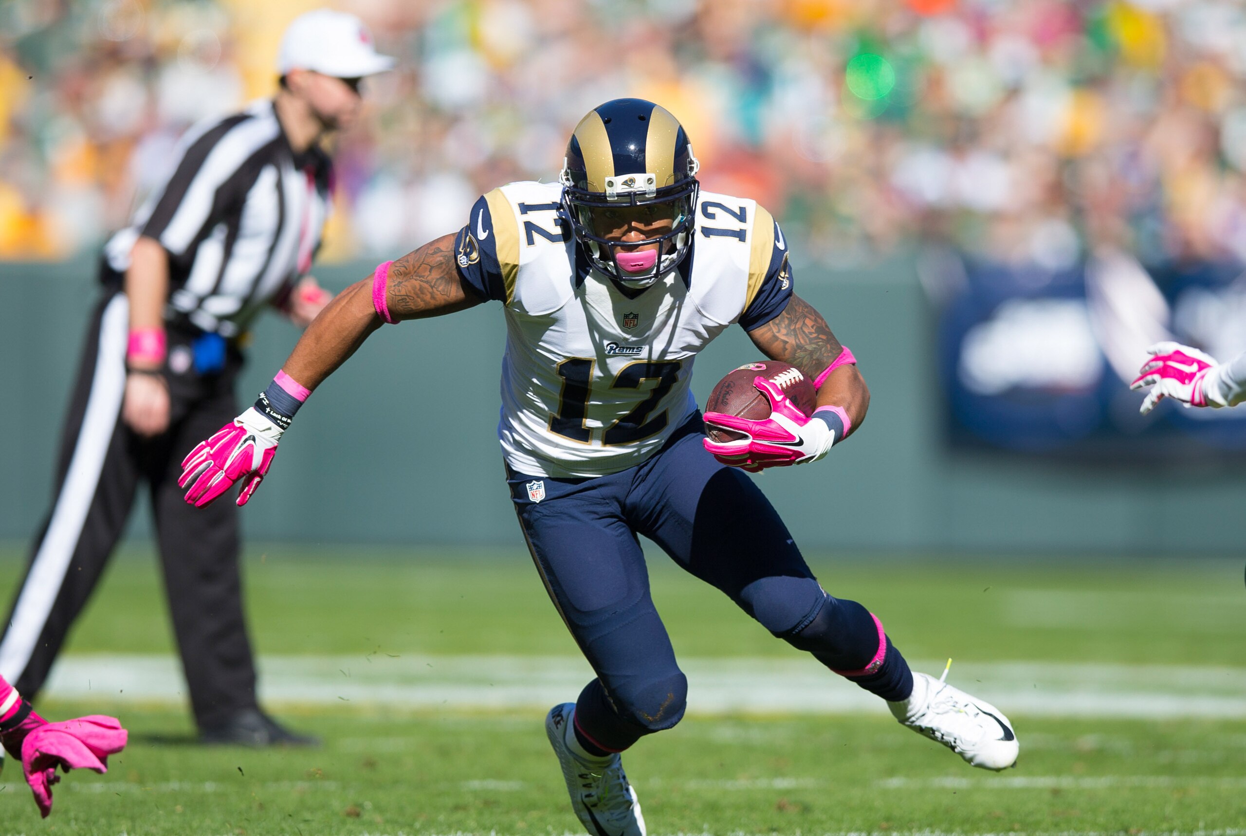 Oct 11, 2015; Green Bay, WI, USA; St. Louis Rams wide receiver Stedman Bailey (12) during the game against the Green Bay Packers at Lambeau Field.  Green Bay won 24-10.  Mandatory Credit: Jeff Hanisch-USA TODAY Sports