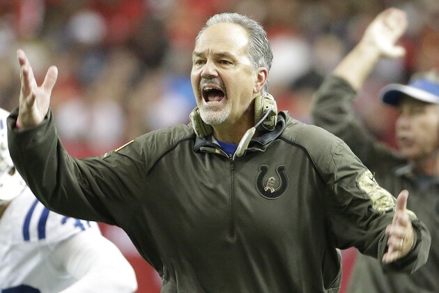 Indianapolis Colts head coach Chuck Pagano reacts to play against the Atlanta Falcons during the second of an NFL football game, Sunday, Nov. 22, 2015, in Atlanta. (AP Photo/David Goldman)