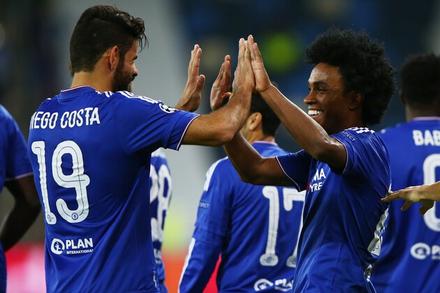 HAIFA, ISRAEL - NOVEMBER 24:  Willian of Chelsea celebrates scoring his teams second goal with Diego Costa during the UEFA Champions League Group G match between Maccabi Tel-Aviv FC and Chelsea FC at Sammy Ofer Stadium on November 24, 2015 in Haifa, Israel.  (Photo by Ian Walton/Getty Images)