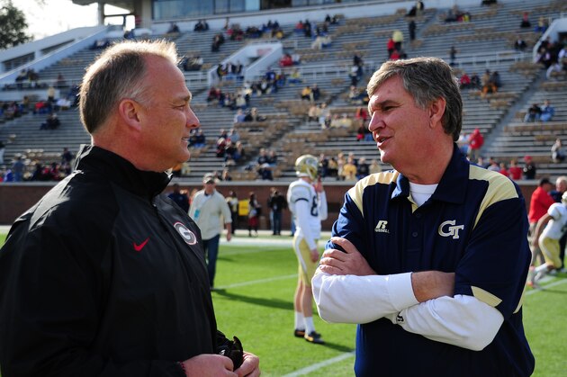 ATLANTA, GA - NOVEMBER 30: Head Coach Mark Richt of the Georgia Bulldogs chats with Head Coach Paul Johnson of the Georgia Tech Yellow Jackets before the game at Bobby Dodd Stadium on November 30, 2013 in Atlanta, Georgia. (Photo by Scott Cunningham/Getty Images)