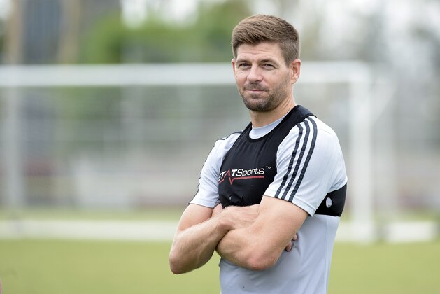CARSON, CA - JULY 7: New Los Angeles Galaxy midfielder Steven Gerrard #8 during a training session on July 7, 2015 at StubHub Center in Carson, California. The former Liverpool captain Steven Gerrard is scheduled to play his first MLS match on Friday, July 17 at StubHub Center against San Jose Earthquakes. (Photo by Kevork Djansezian/Getty Images)