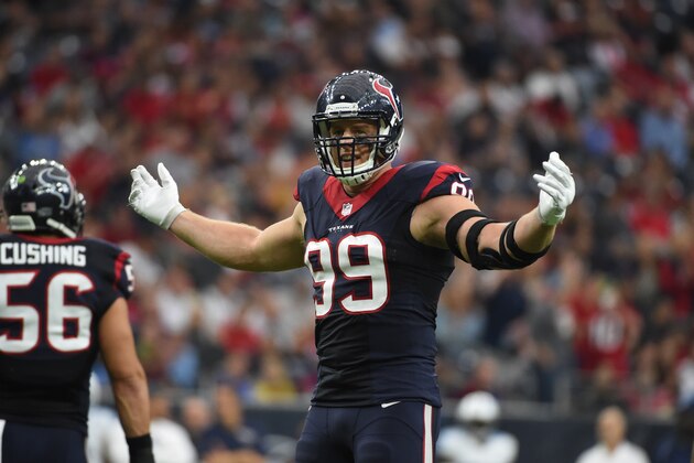 Houston Texans defensive end J.J. Watt (99) fires up the crowd during the first half of an NFL football game, Sunday, Nov. 1, 2015, in Houston. (AP Photo/Eric Christian Smith)