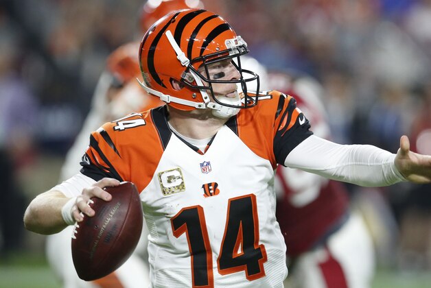 Cincinnati Bengals quarterback Andy Dalton (14) in the first half during an NFL football game the Arizona Cardinals, Sunday, Nov. 22, 2015, in Glendale, Ariz. (AP Photo/Rick Scuteri)