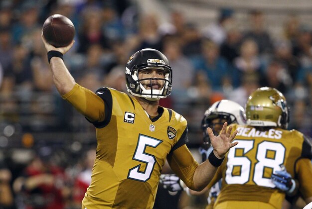 Nov 19, 2015; Jacksonville, FL, USA;  Jacksonville Jaguars quarterback Blake Bortles (5) throws a pass during the first quarter of a football game against the Tennessee Titans at EverBank Field. Mandatory Credit: Reinhold Matay-USA TODAY Sports