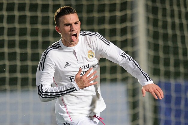 MADRID, SPAIN - FEBRUARY 17:  Borja Mayoral of Real Madrid celebrates after scoring Real's opening goal during the UEFA Youth League Round of 16 match between Real Madrid and FC Porto at Estadio Alfredo Di Stefano on February 17, 2015 in Madrid, Spain.  (Photo by Denis Doyle/Getty Images)