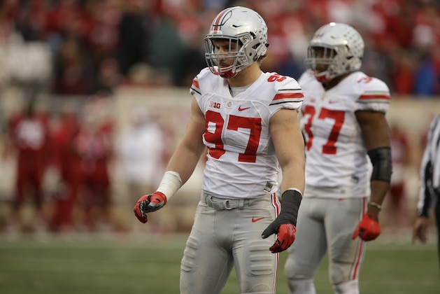 Ohio State's Joey Bosa (97) in action during the second half of an NCAA college football game against Indiana, Saturday, Oct. 3, 2015 in Bloomington, Ind. Ohio State won 34-27. (AP Photo/Darron Cummings)