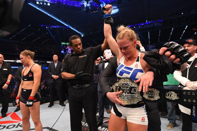 MELBOURNE, AUSTRALIA - NOVEMBER 15:  Holly Holm of the United States celebrates after her knockout victory over Ronda Rousey of the United States in their UFC women's bantamweight championship bout during the UFC 193 event at Etihad Stadium on November 15, 2015 in Melbourne, Australia. (Photo by Josh Hedges/Zuffa LLC/Zuffa LLC via Getty Images)