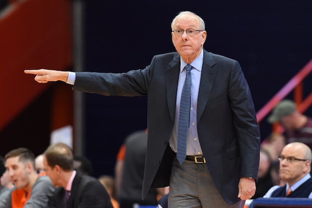 SYRACUSE, NY - NOVEMBER 21:  Head coach Jim Boeheim of the Syracuse Orange reacts to a play against the Elon Phoenix during the first half at the Carrier Dome on November 21, 2015 in Syracuse, New York.  (Photo by Rich Barnes/Getty Images)