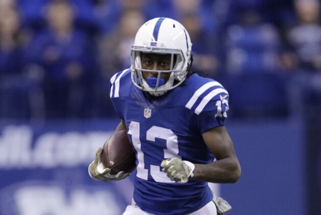 Indianapolis Colts' T.Y. Hilton (13) runs during the first half of an NFL football game against the Denver Broncos, Sunday, Nov. 8, 2015, Indianapolis. (AP Photo/AJ Mast)