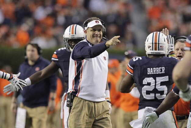 Nov 21, 2015; Auburn, AL, USA; Auburn Tigers head coach Gus Malzahn celebrates after his team scored a touchdown against the Idaho Vandals during the second quarter at Jordan Hare Stadium. Mandatory Credit: John Reed-USA TODAY Sports